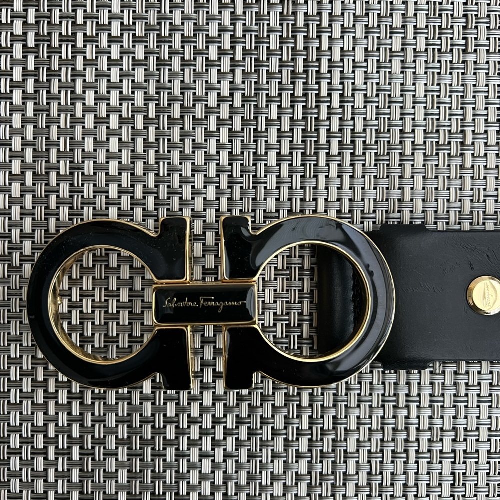 Men’s “Salvatore Ferragamo” Black Belt With Gold/Black Buckle
